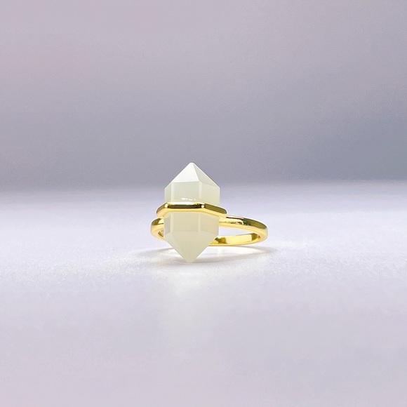 Gold Plated Milky Quartz Obelisk Wand Double Point Ring S925 Sterling Silver - Picture 5 of 8
